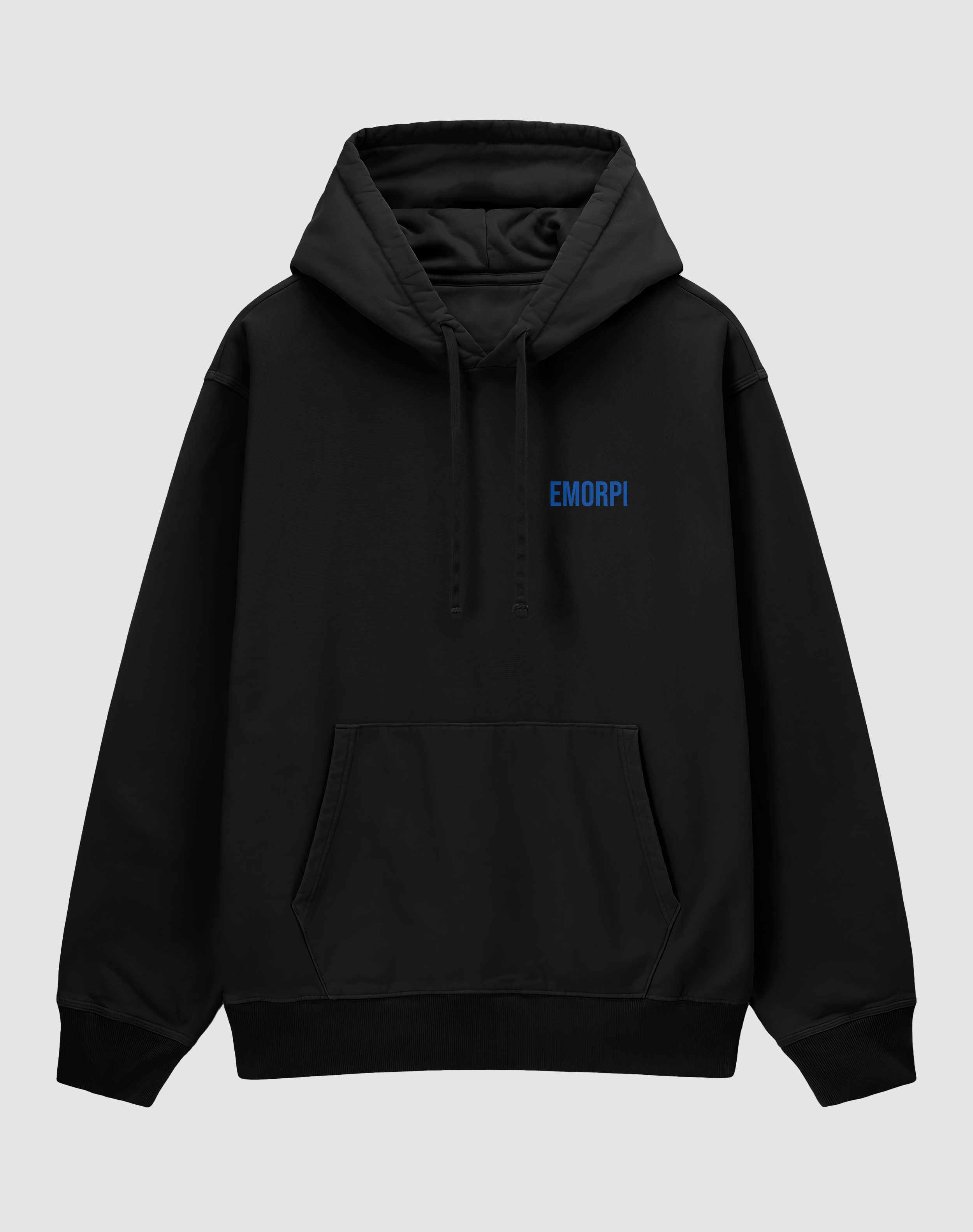 Blue Angel reflektörlü oversize motorcu hoodie, siyah, önden görünüm, göğüste Emorpi logosu